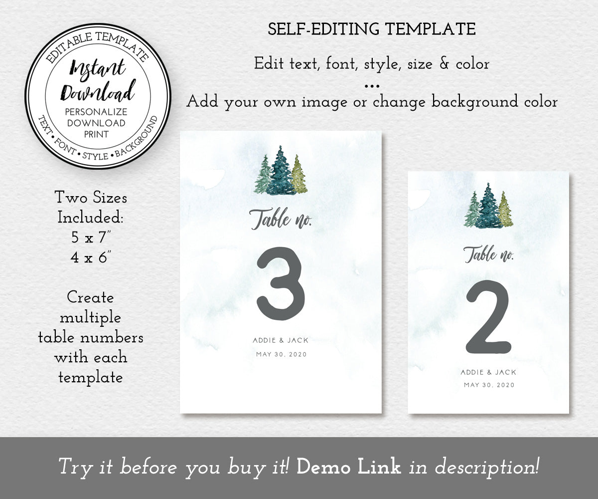 5 x 7" & 4 x 6" rustic pines wedding table numbers