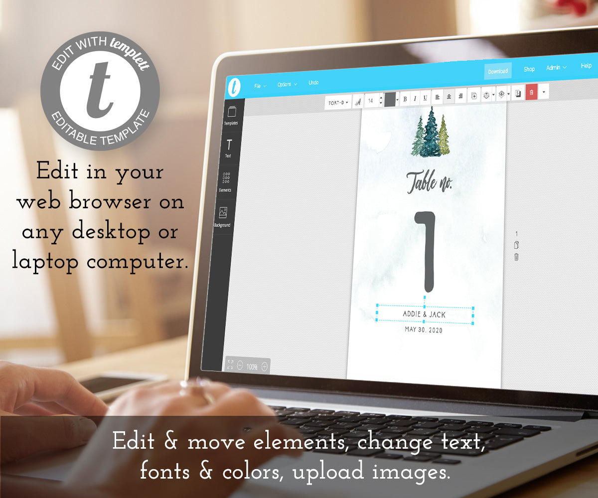 Edit online at templett, rustic pines wedding table number template
