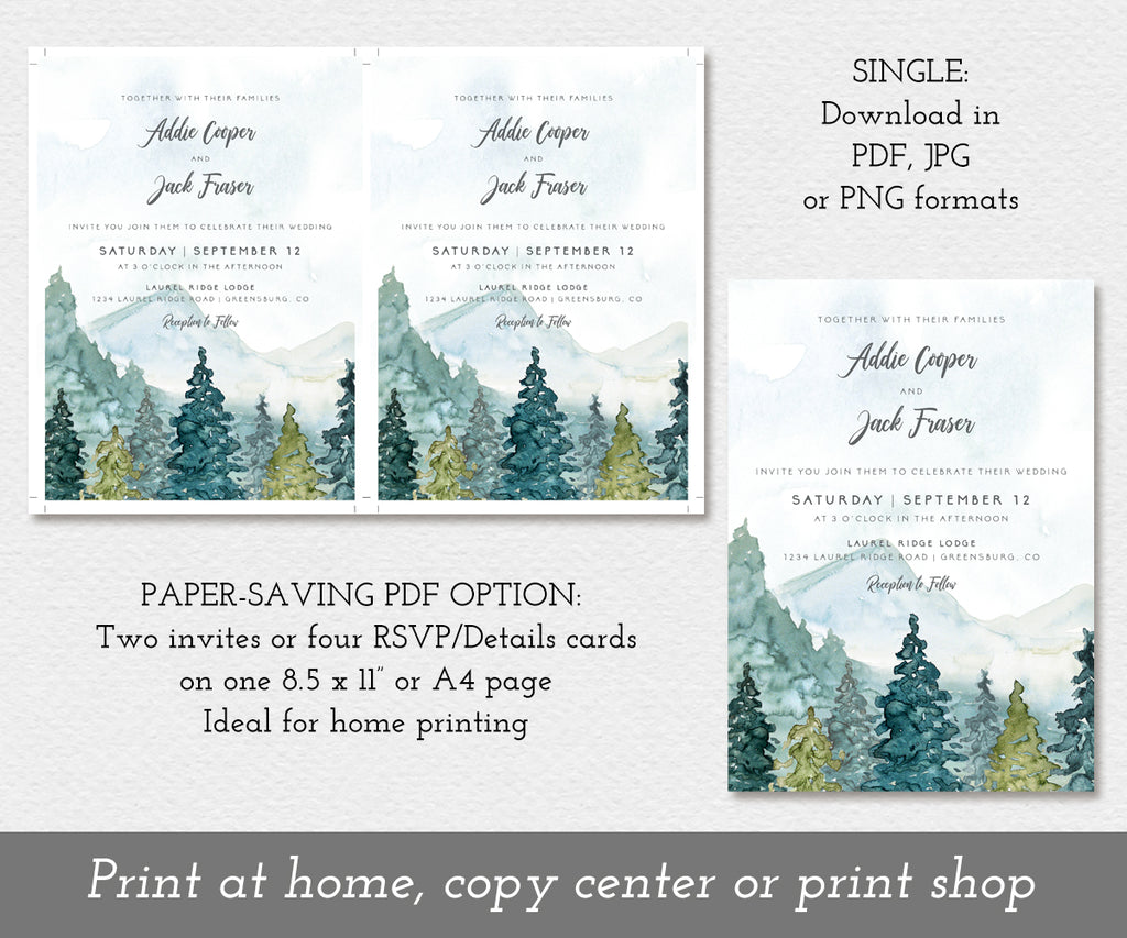 Paper saving option for mountains and pines wedding invitation template