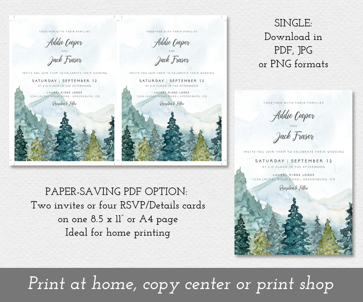 Paper saving option for mountains and pines wedding invitation template.