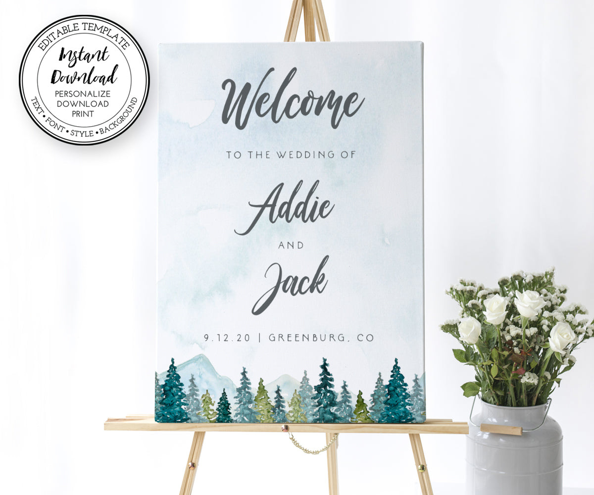 mountains pines wedding welcome sign for rustic or adventure wedding