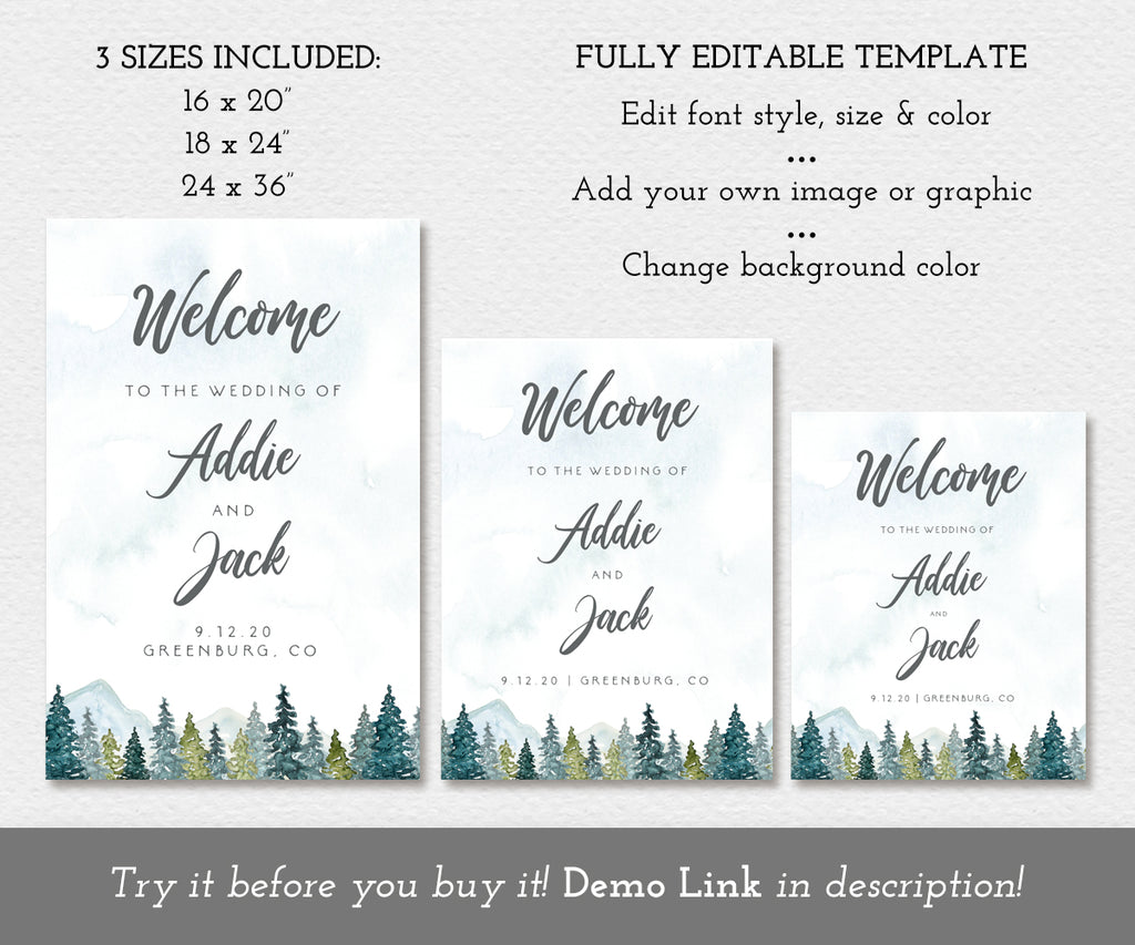 Mountains Pines wedding welcome signs in three sizes, editable templates