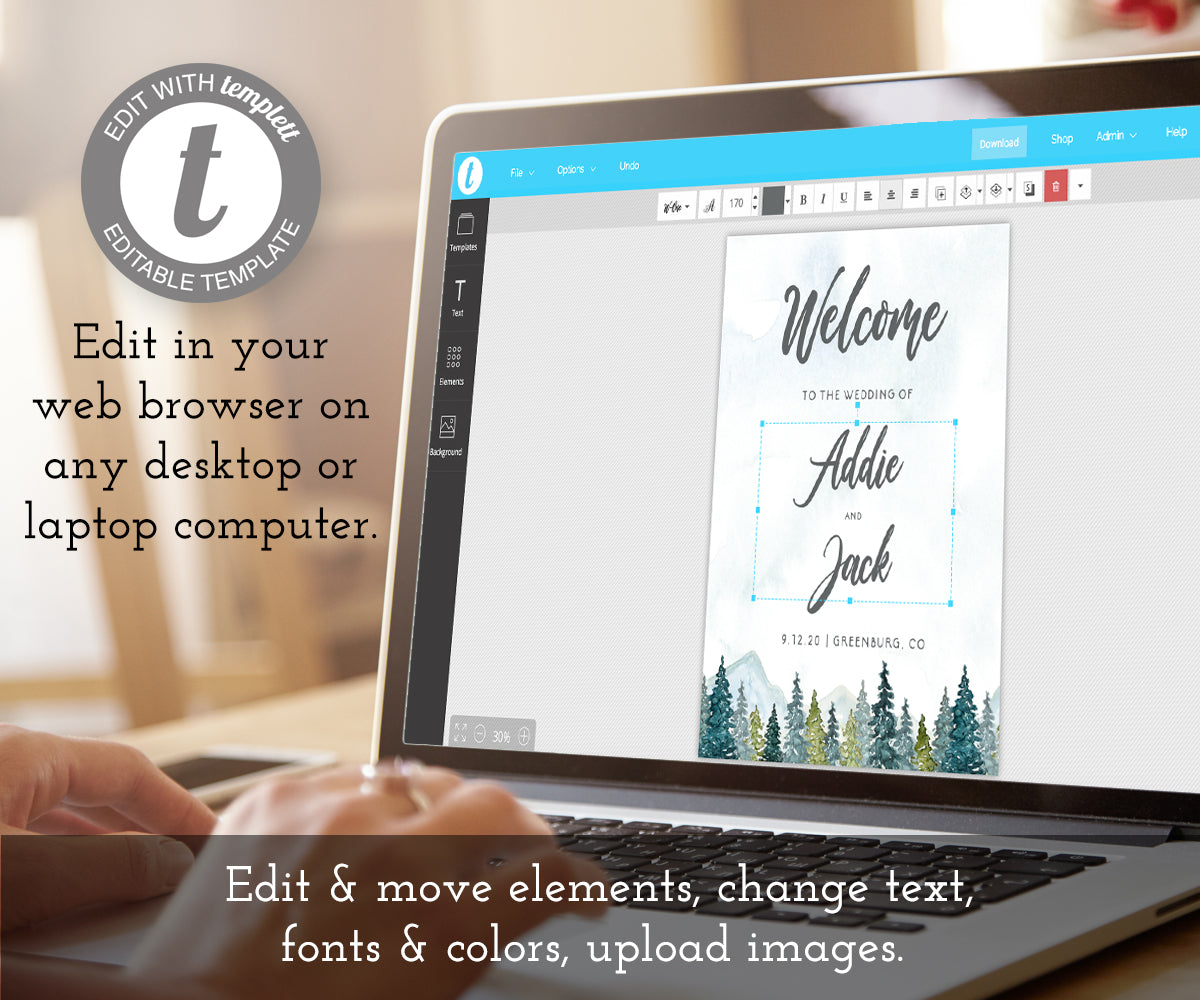 Edit your mountains wedding welcome sign template online at templett