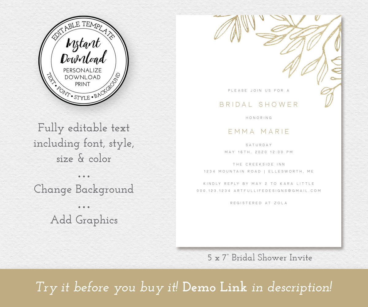 modern minimalist bridal shower invitation, editable template, 5 x 7"