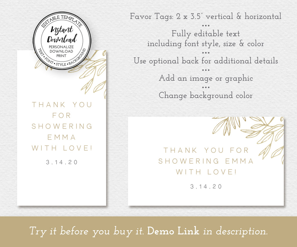 Modern minimalist favor tags with faux gold leaves, horizontal & vertical, editable templates
