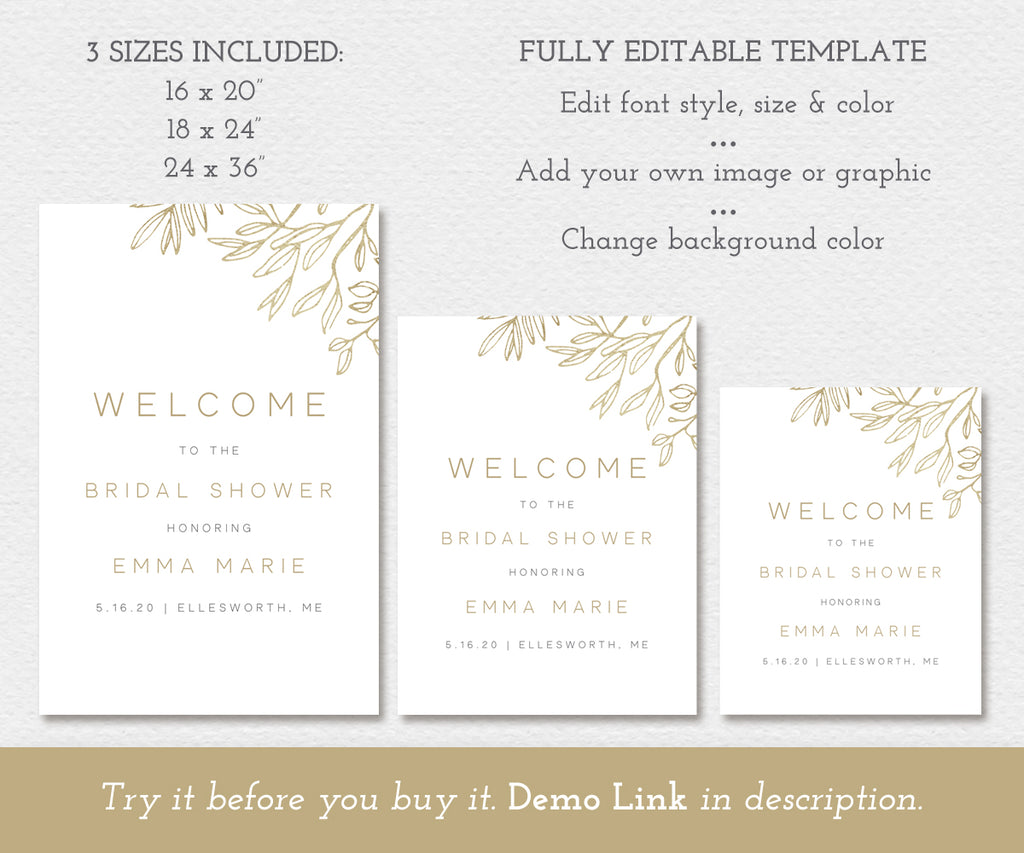 Modern Minimalist Bridal Shower Welcome Signs in 3 sizes, editable template