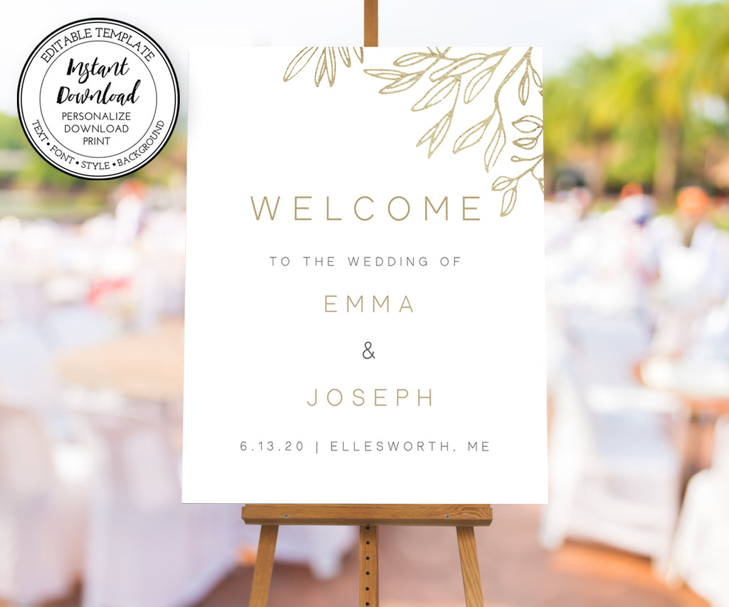 minimalist wedding welcome sign, faux gold sketched leaves