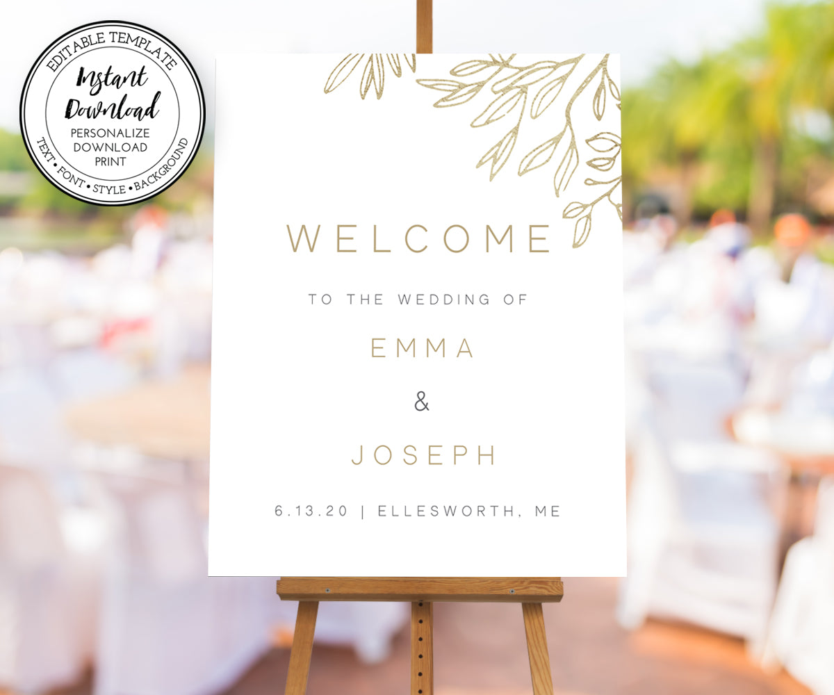 minimalist wedding welcome sign, faux gold sketched leaves