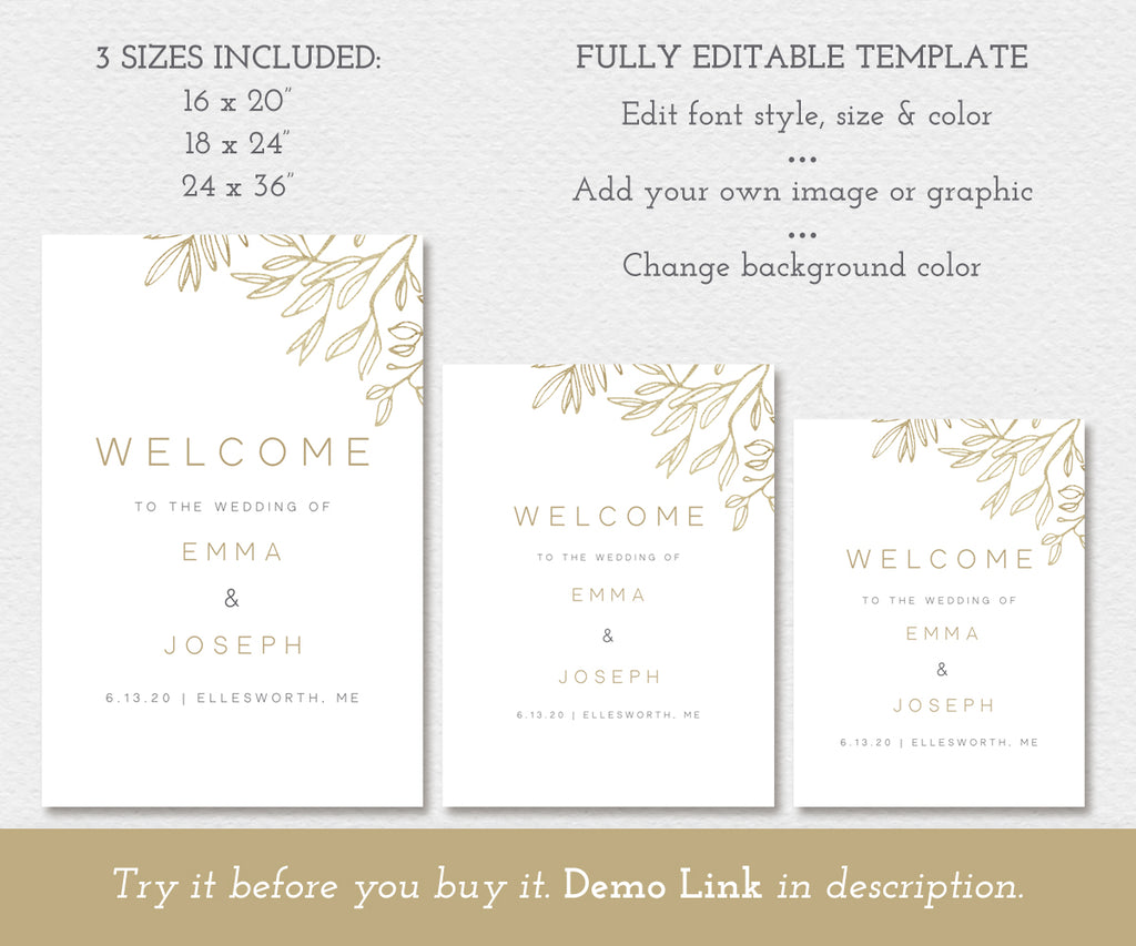 3 sizes of minimalist wedding welcome signs, faux gold sketched leaves, editable templates