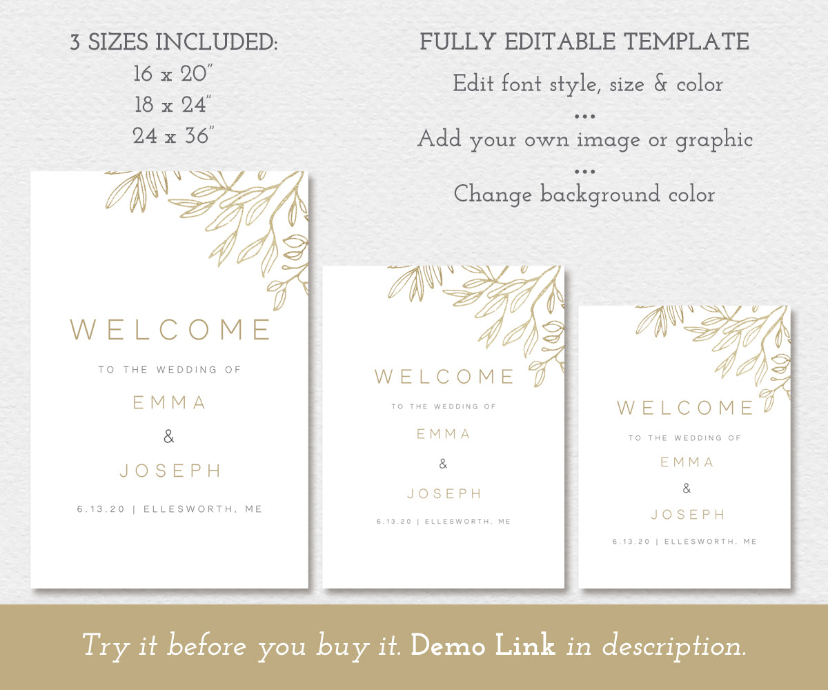 3 sizes of minimalist wedding welcome signs, faux gold sketched leaves, editable templates