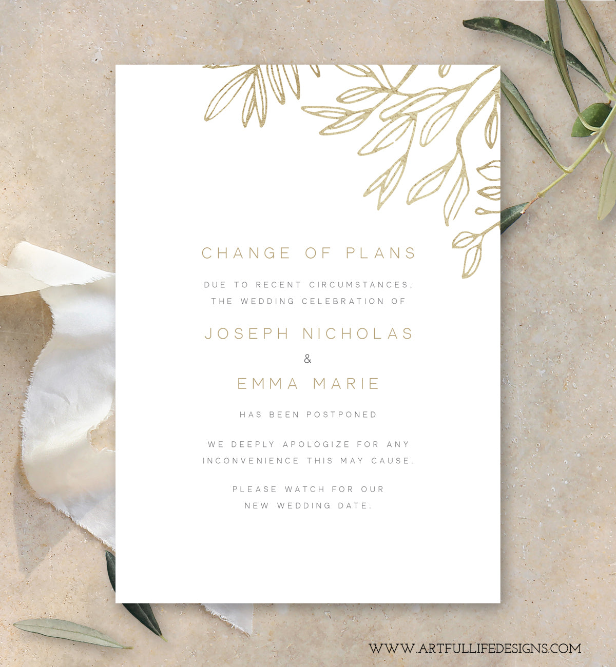 change of plans, change the date, postponed wedding announcement