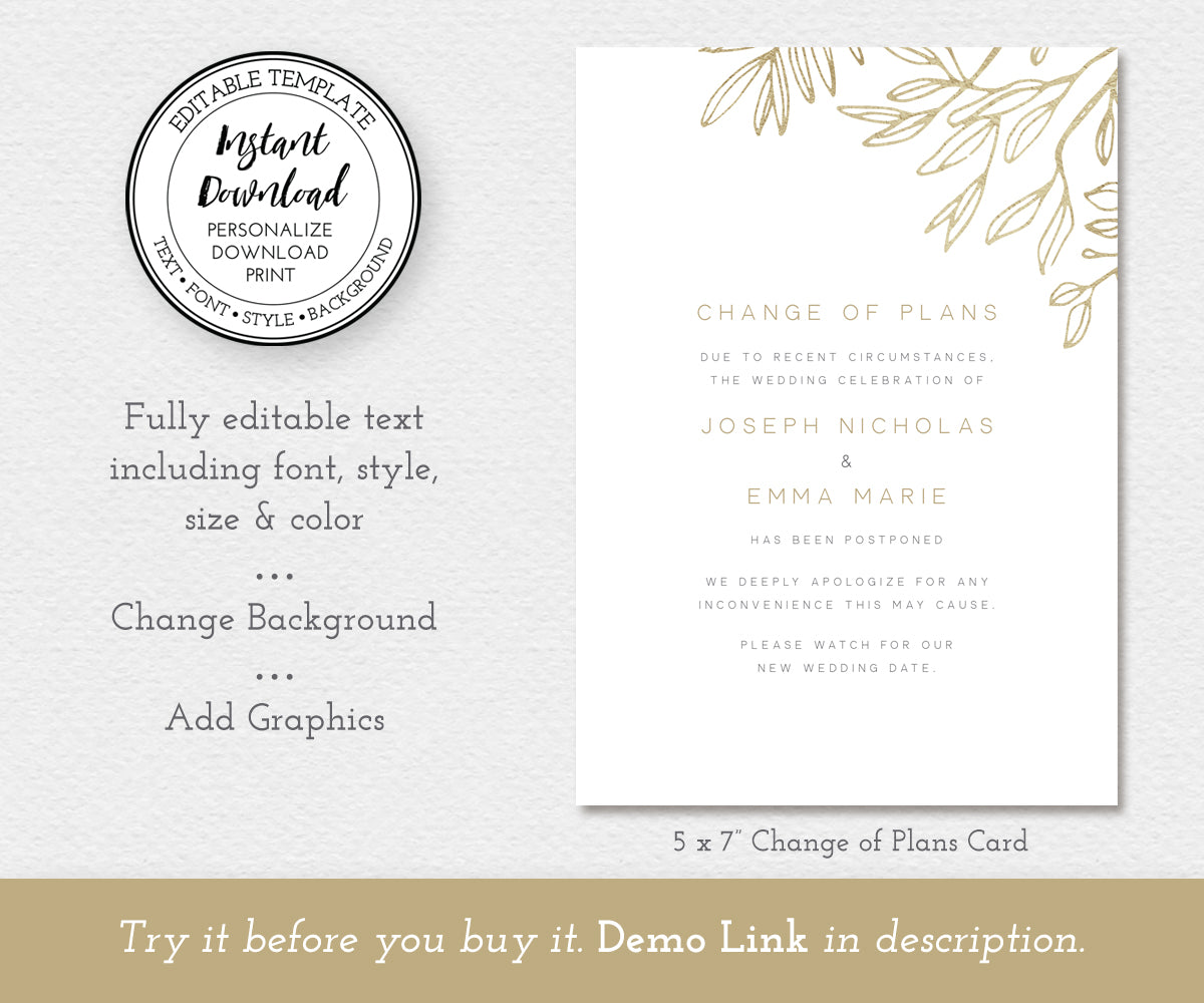 change of plans, change the date, postponed wedding announcement, editable template, 5 x 7"