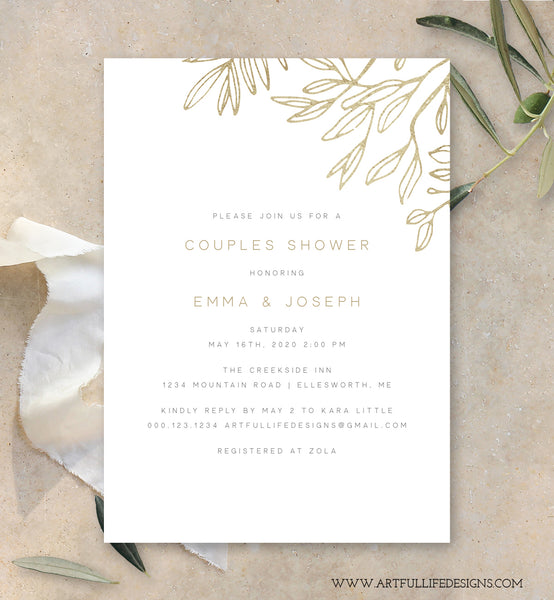 modern minimalist couples shower invitation with faux gold sketched leaves