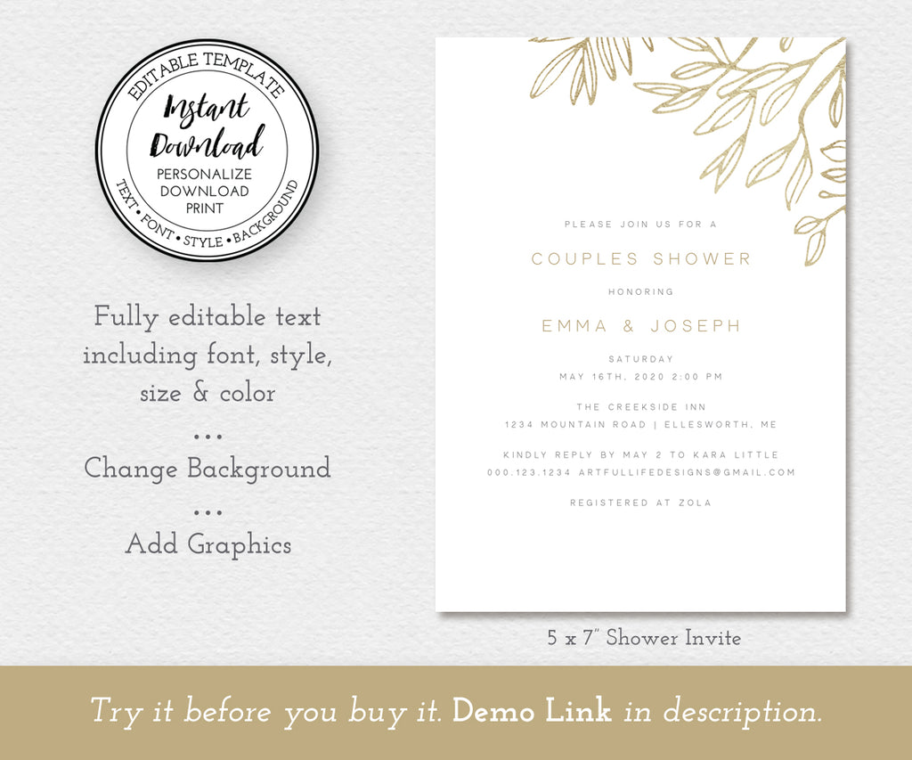 modern minimalist couples shower invitation with faux gold sketched leaves, editable template, 5 x 7"