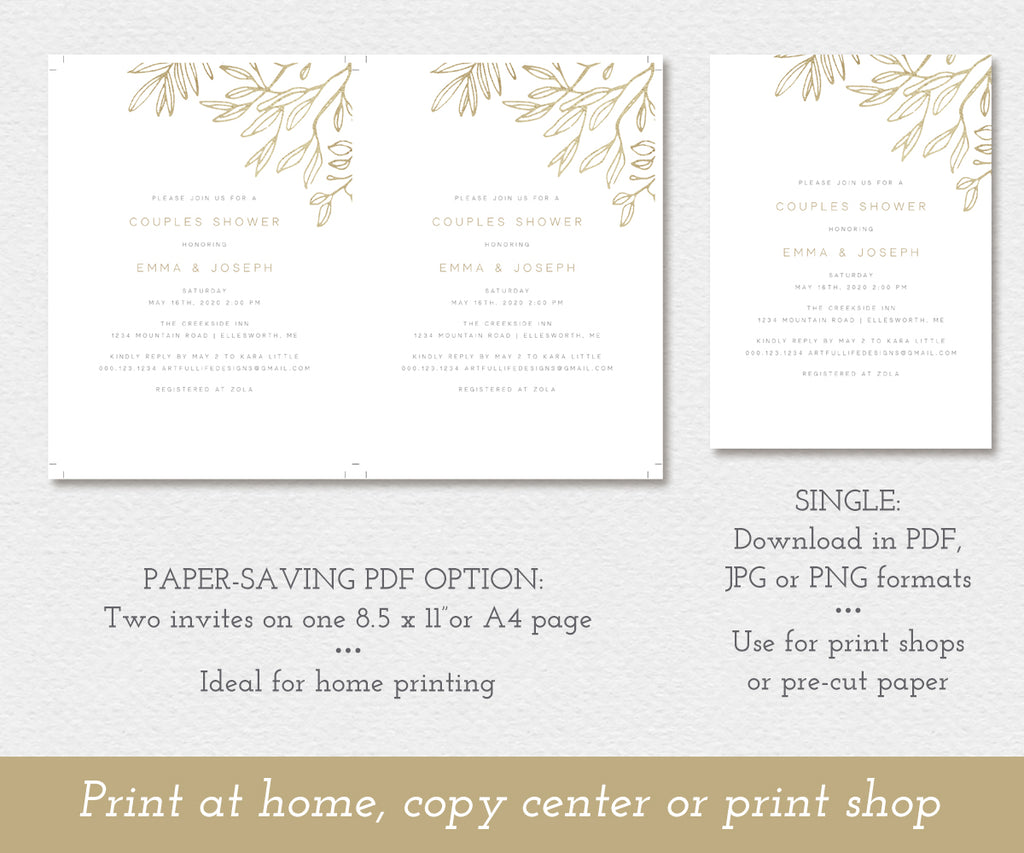 modern minimalist couples shower invitation with faux gold sketched leaves, paper saving option PDF or single 