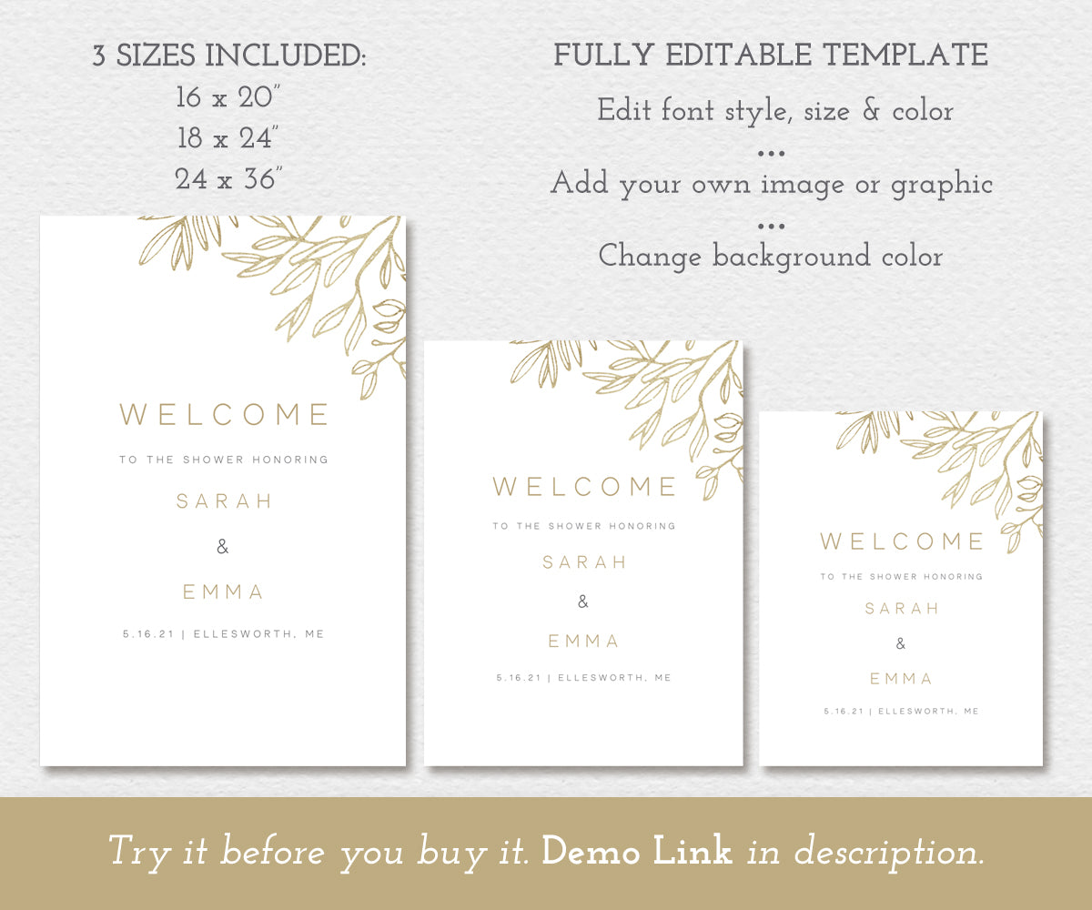 Modern minimalist couples shower welcome sign template in 3 sizes