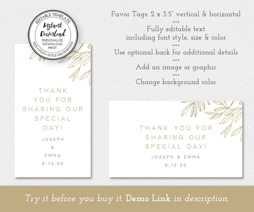 modern minimalist wedding favor tags, vertical & horizontal, editable templates