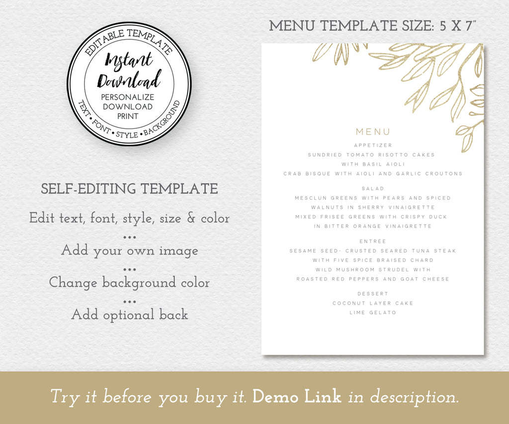 5 x 7" modern minimalist wedding menu card editable template