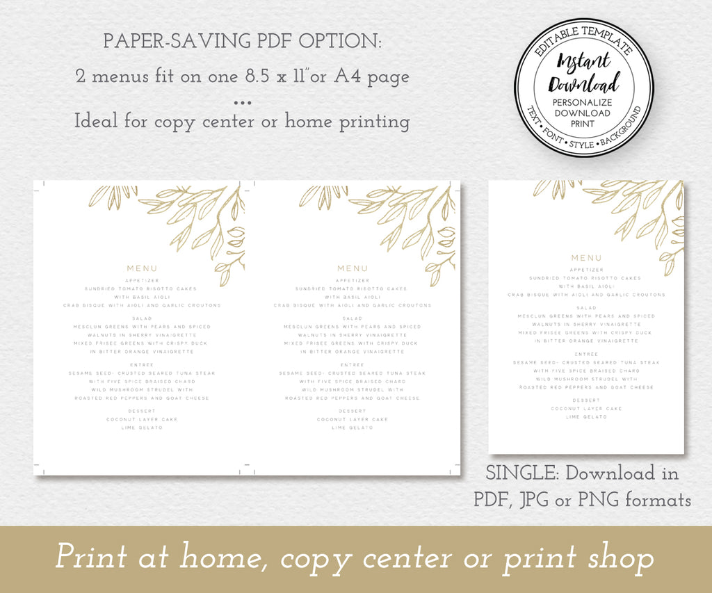 Paper saving PDF option for modern minimalist wedding menu card