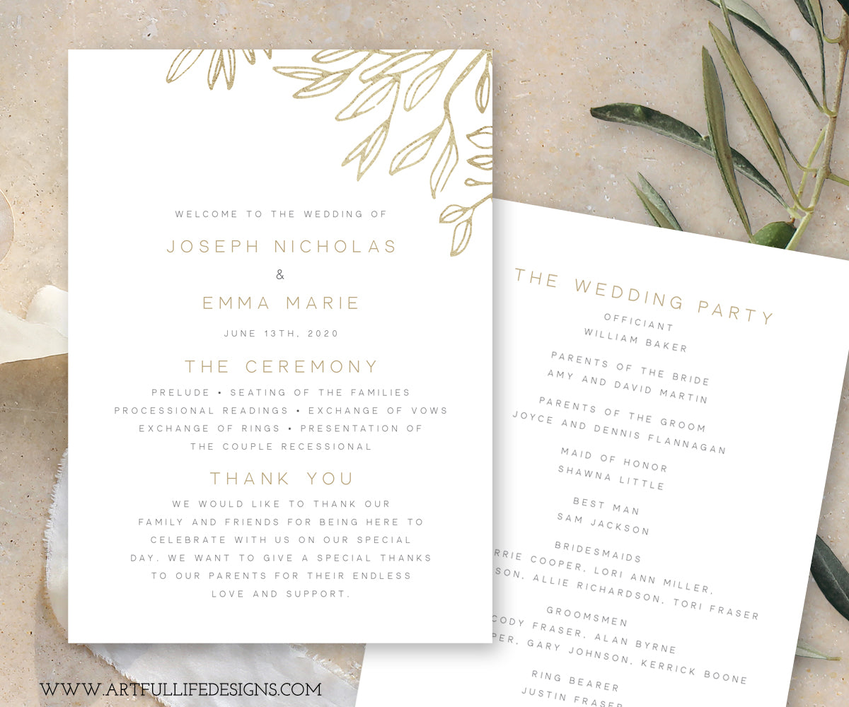 modern minimalist wedding program, 5 x 7, double sided