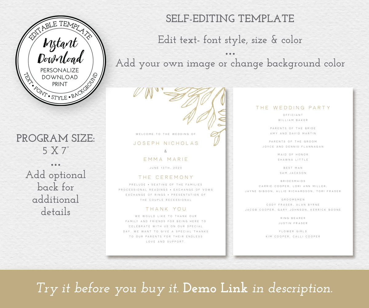 modern minimalist wedding program, 5 x 7, double sided, editable template