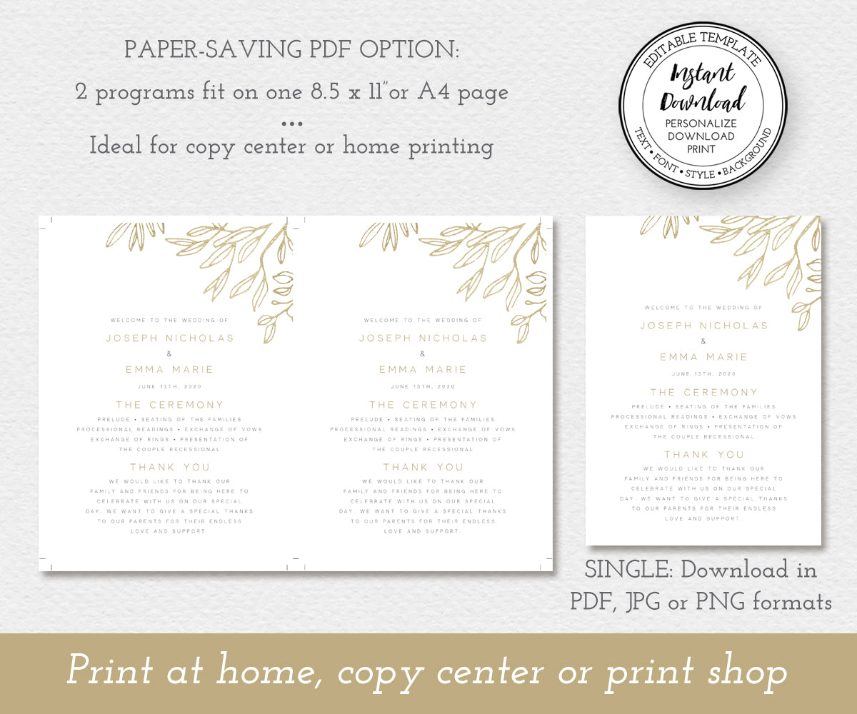 paper saving option, modern minimalist wedding program, 5 x 7, double sided