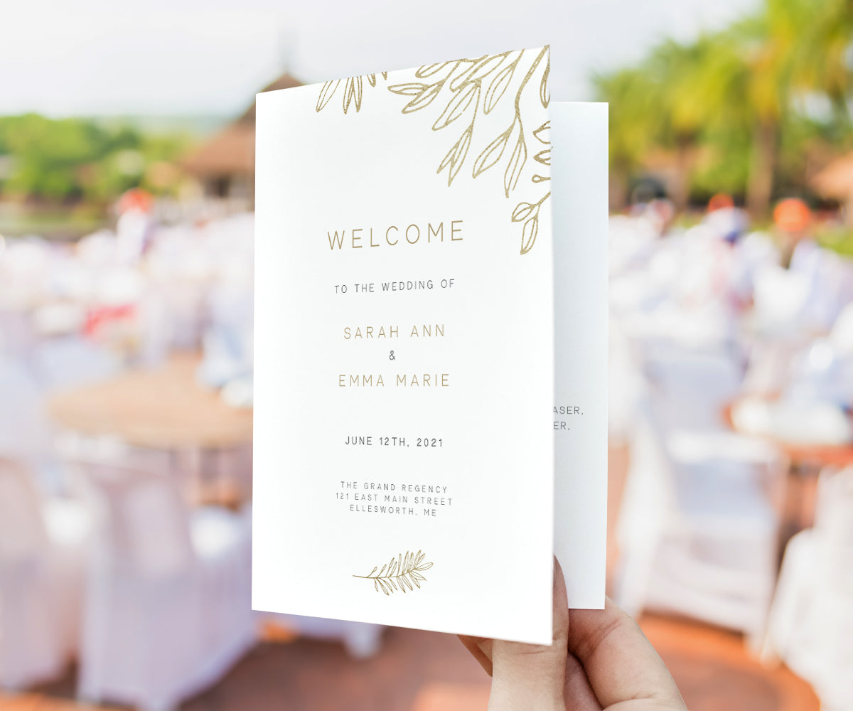 modern minimalist folded wedding program, faux gold sketched leaves, 5 x 7