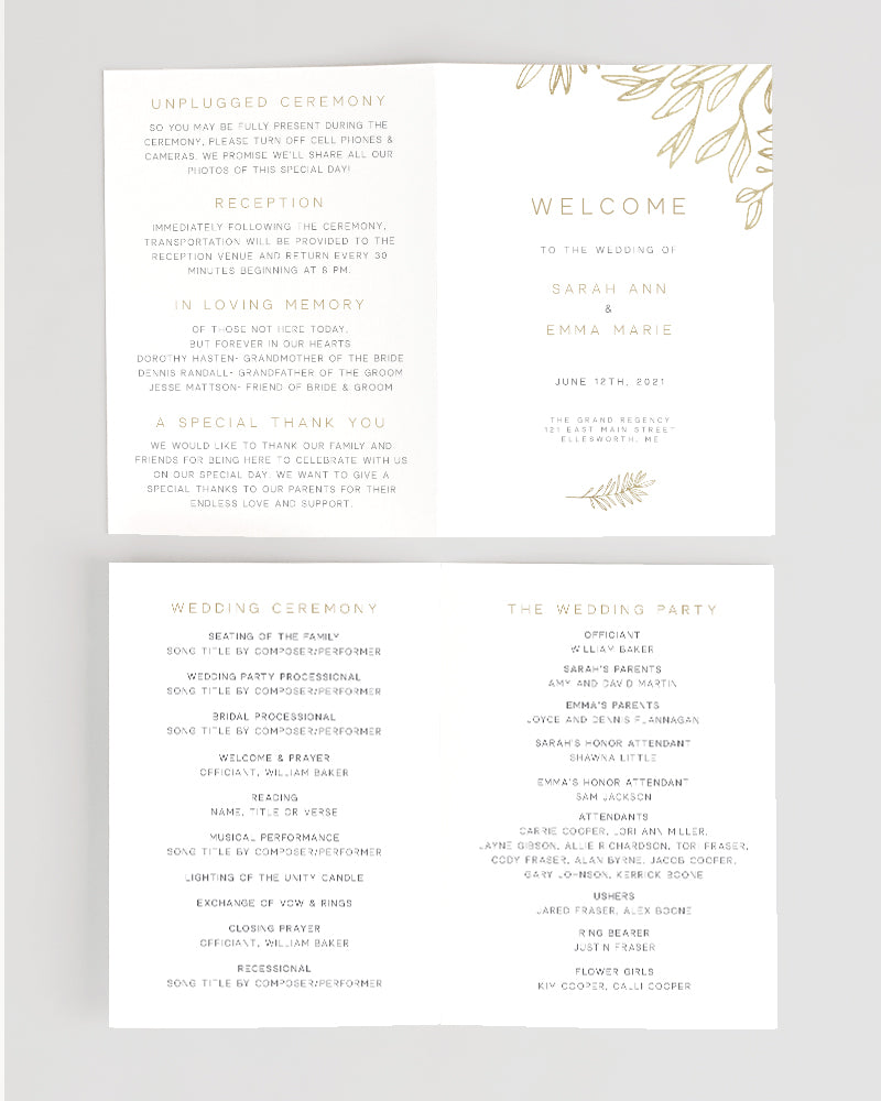 modern minimalist folded wedding program, faux gold sketched leaves, 5 x 7