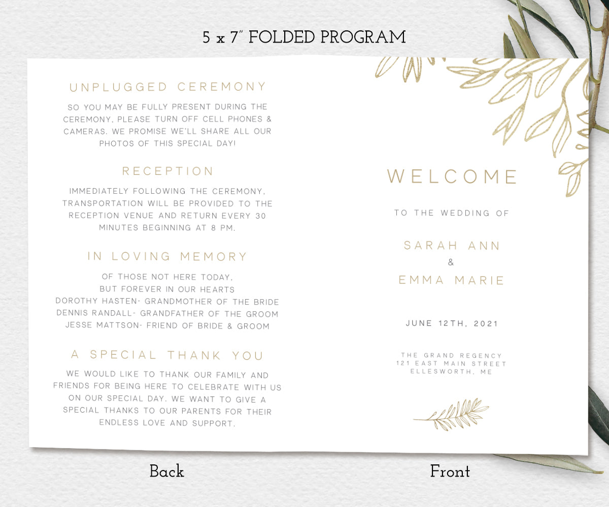 modern minimalist folded wedding program, faux gold sketched leaves, 5 x 7
