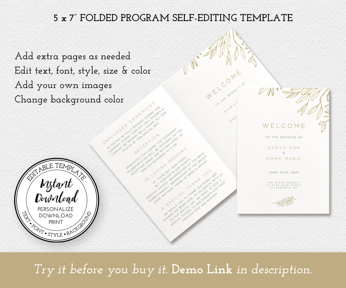 5 x 7 self editing template, modern minimalist folded wedding program booklet