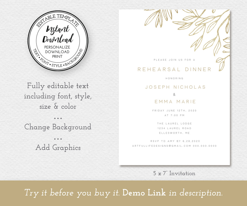 modern minimalist 5 x 7" rehearsal dinner invitation with faux gold sketched leaves, editable template