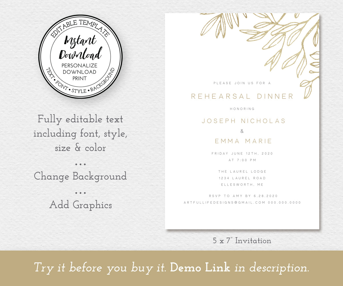 modern minimalist 5 x 7" rehearsal dinner invitation with faux gold sketched leaves, editable template