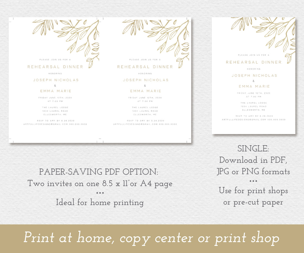 modern minimalist 5 x 7" rehearsal dinner invitation with faux gold sketched leaves, paper saving PDF option
