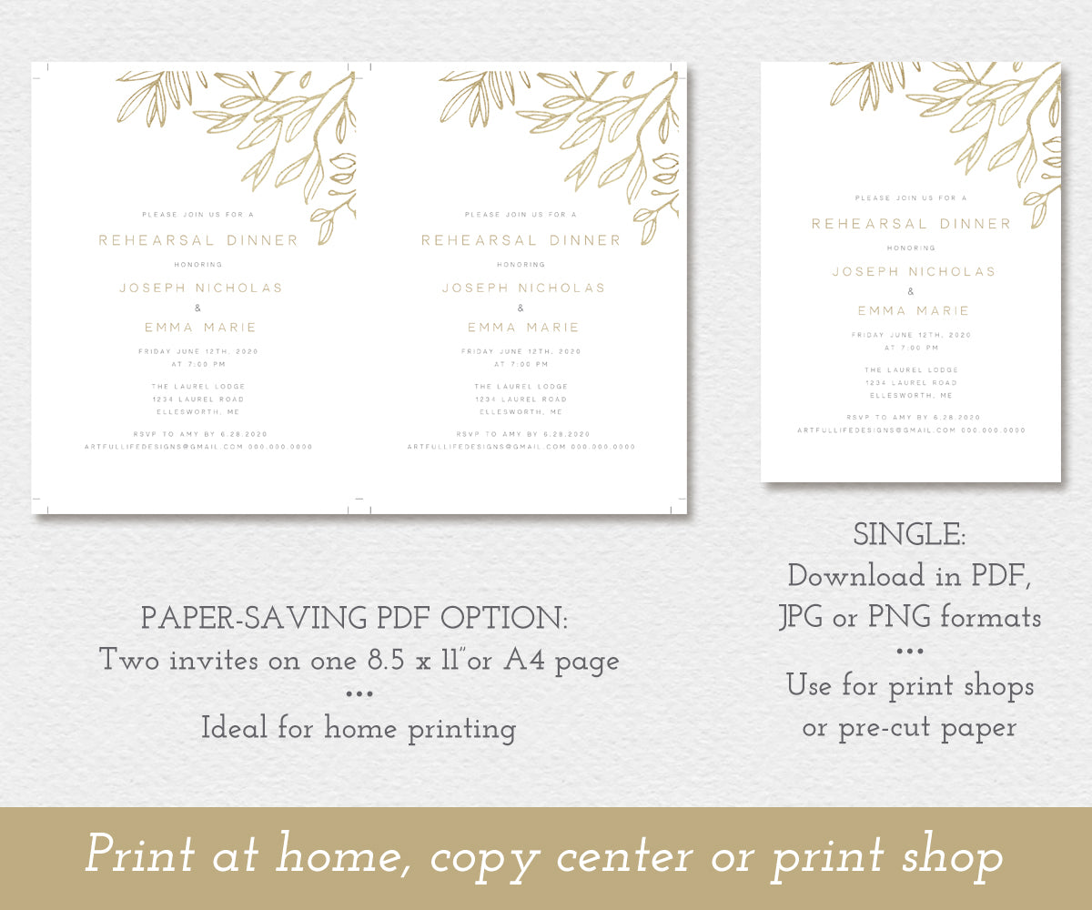 modern minimalist 5 x 7" rehearsal dinner invitation with faux gold sketched leaves, paper saving PDF option