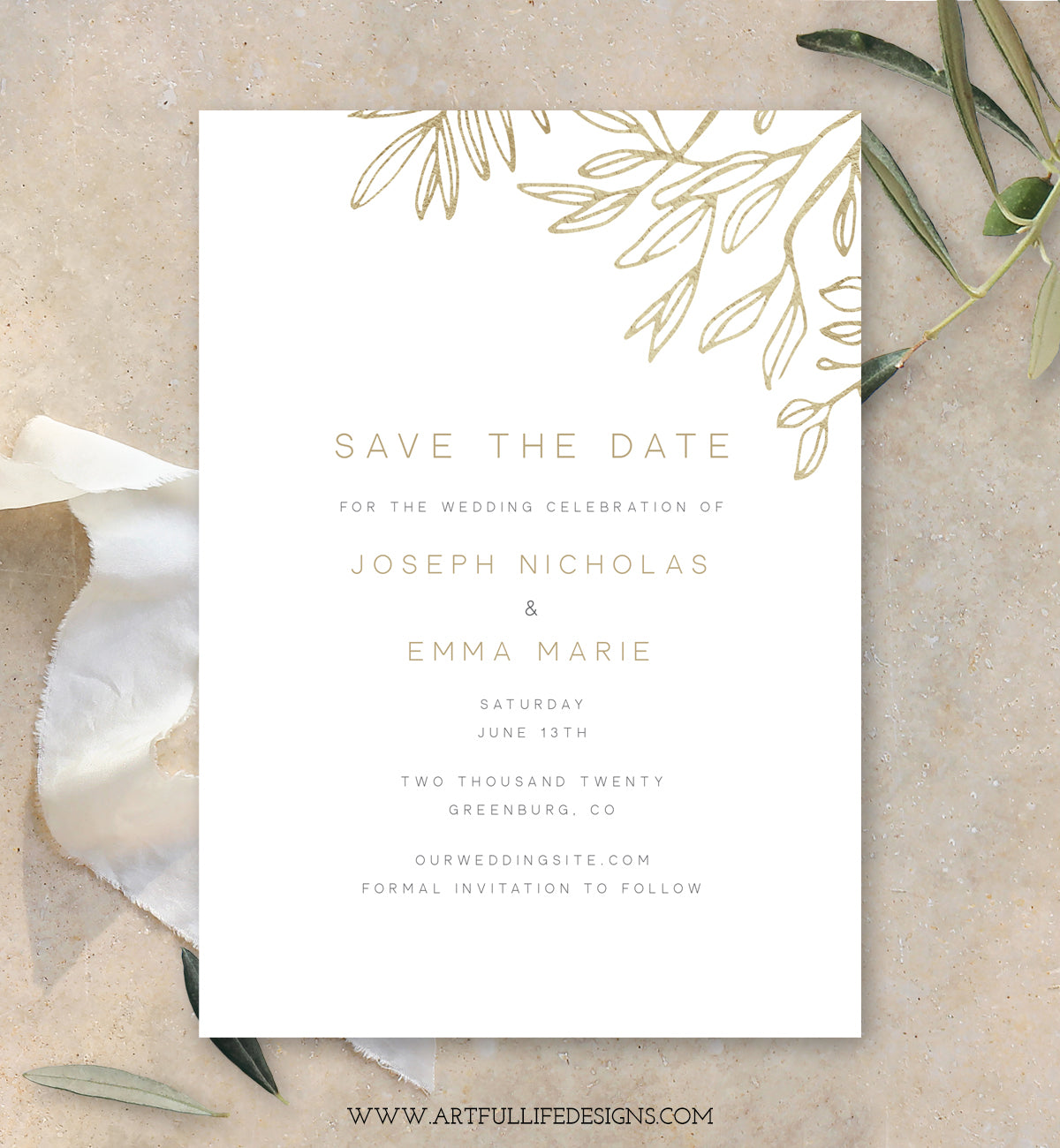 modern minimalist save the date wedding announcement card, faux gold sketched leaves, 5 x 7"