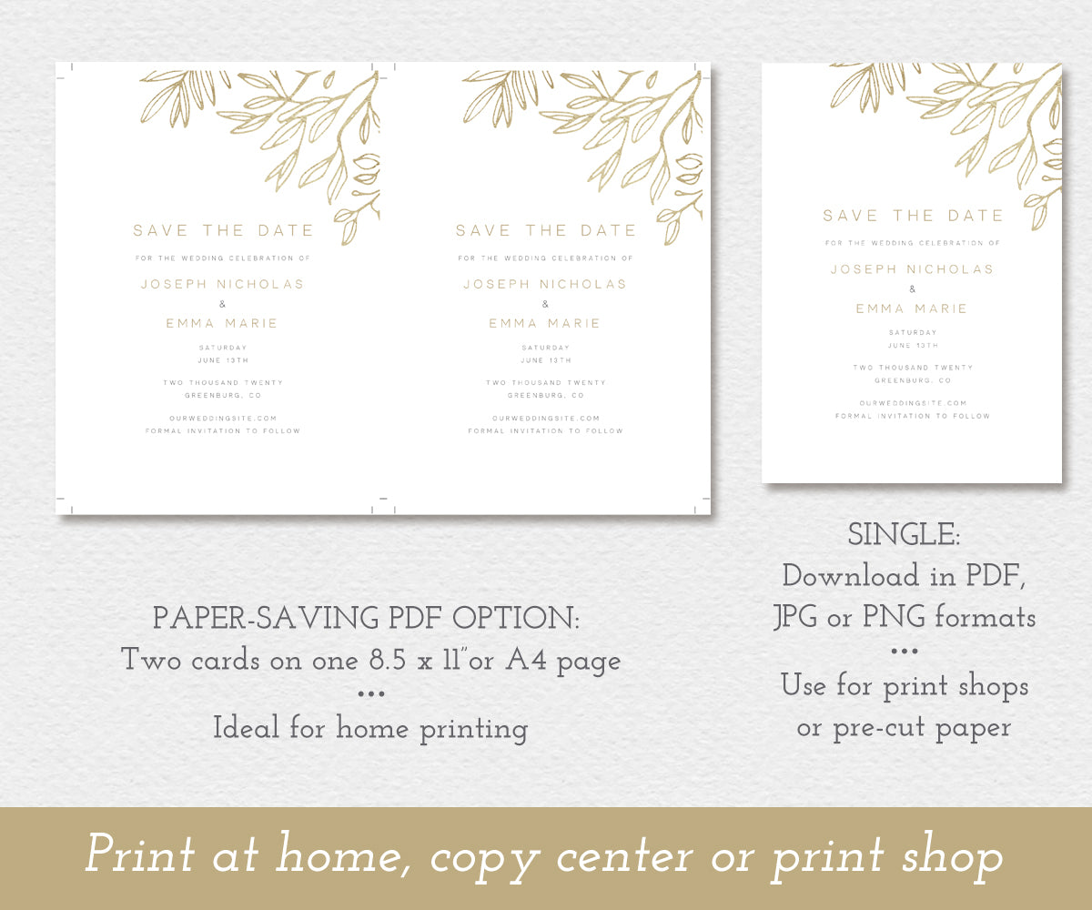 modern minimalist save the date wedding announcement card, faux gold sketched leaves, paper saving PDF or single download options