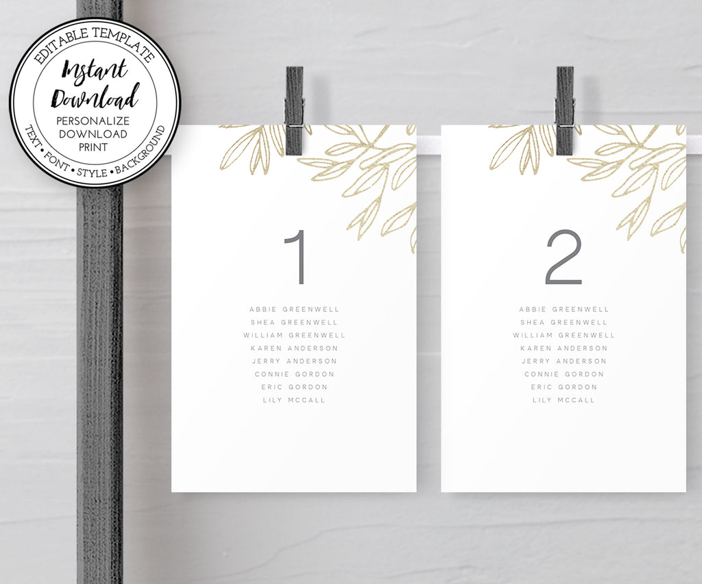 modern minimalist wedding seating chart cards, faux gold sketched leaves