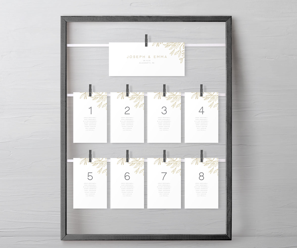 modern minimalist wedding seating chart display with header and cards