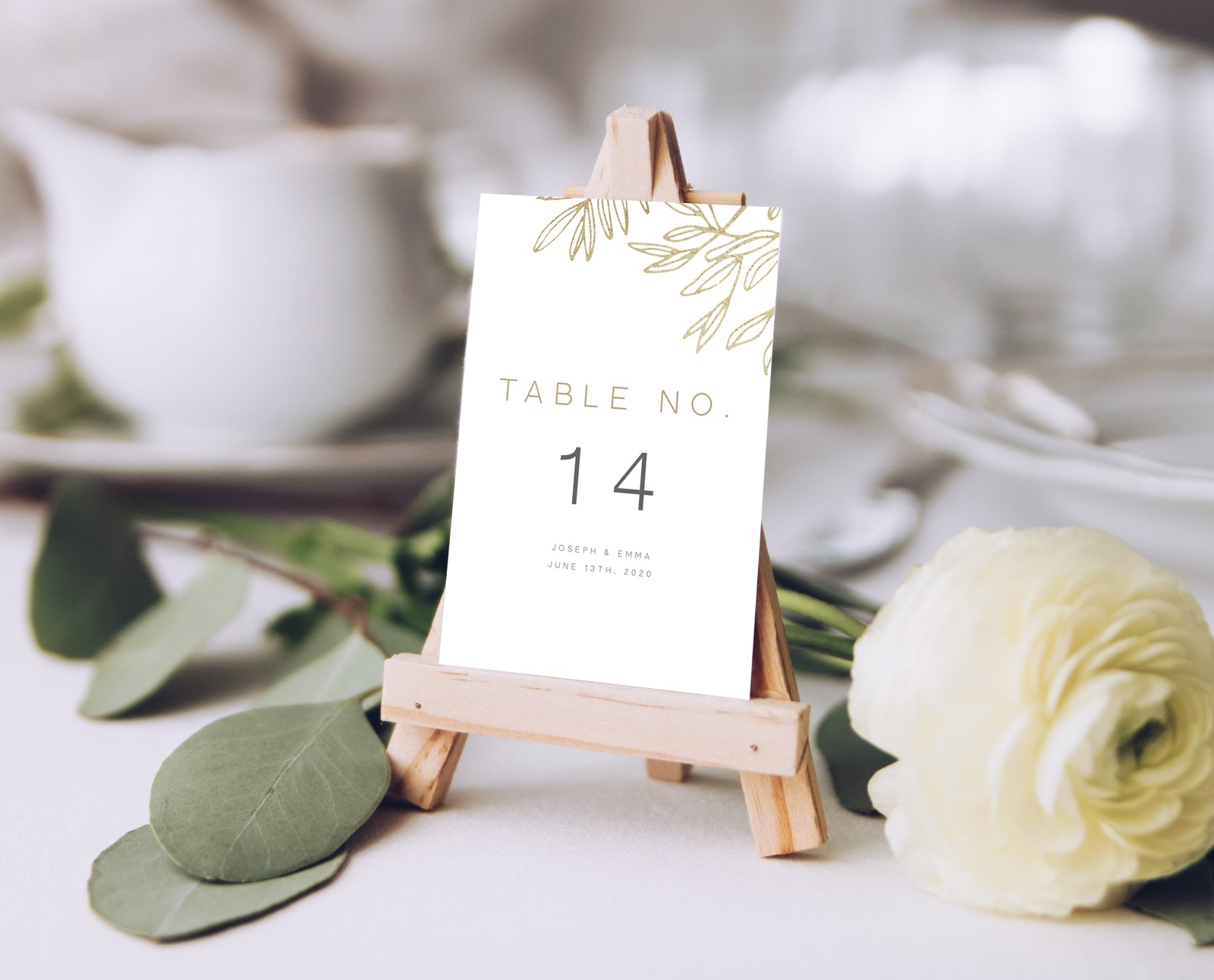 modern minimalist wedding table numbers, faux gold sketched leaves