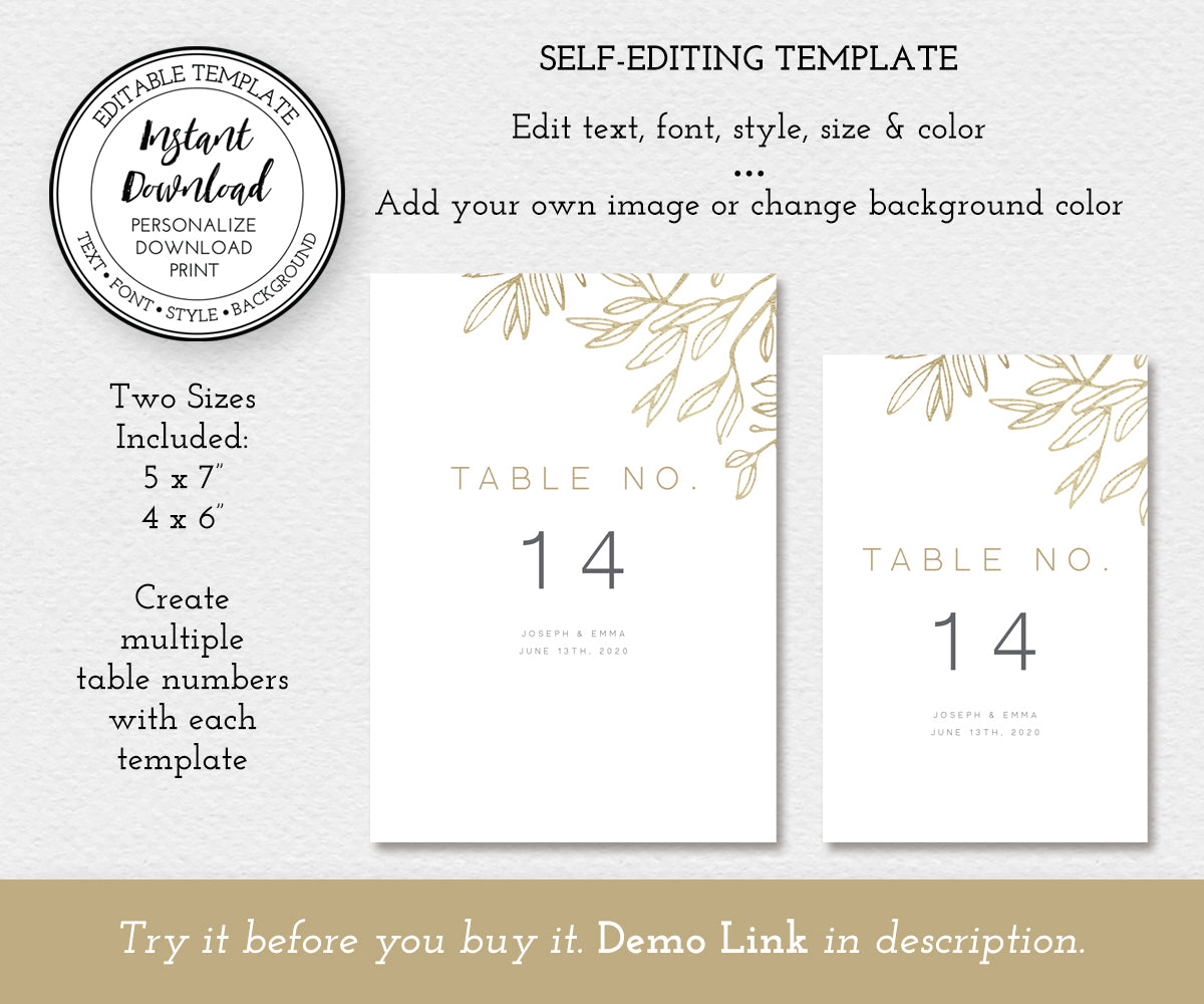 modern minimalist wedding table numbers, faux gold sketched leaves, self editing template in 2 sizes