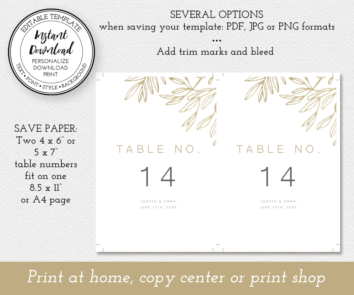 modern minimalist wedding table numbers, faux gold sketched leaves, paper saving option