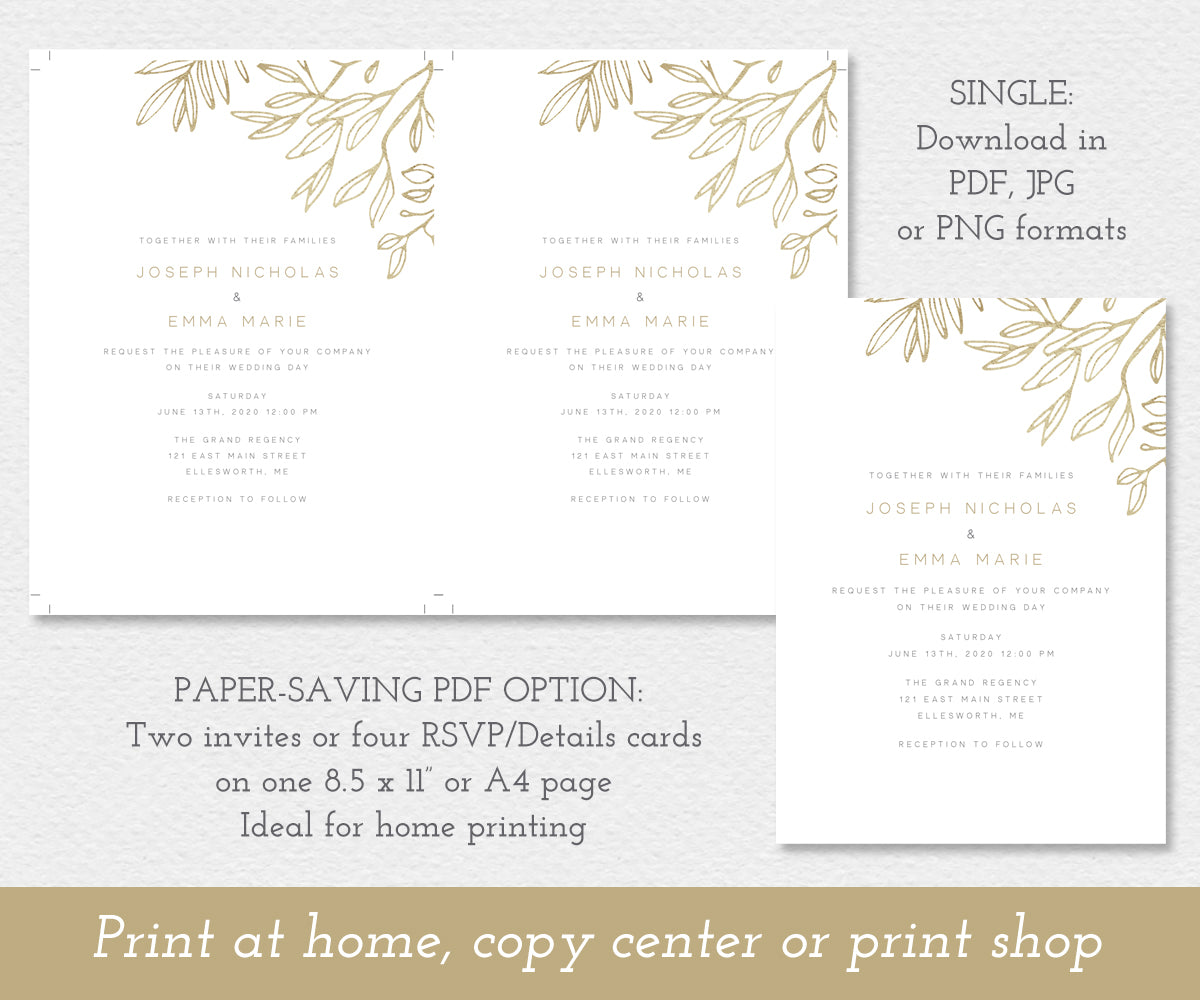 Modern Minimalist Wedding Invitation, paper saving option for 5 x 7" wedding invitation template.