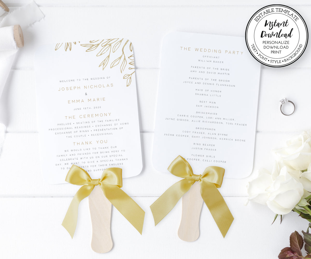 modern minimalist wedding program fan, 5 x 7, faux gold sketched leaves