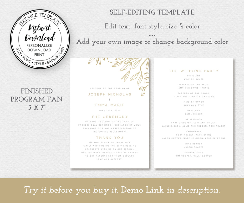 Self editing template, modern minimalist wedding program fan, 5 x 7, faux gold sketched leaves