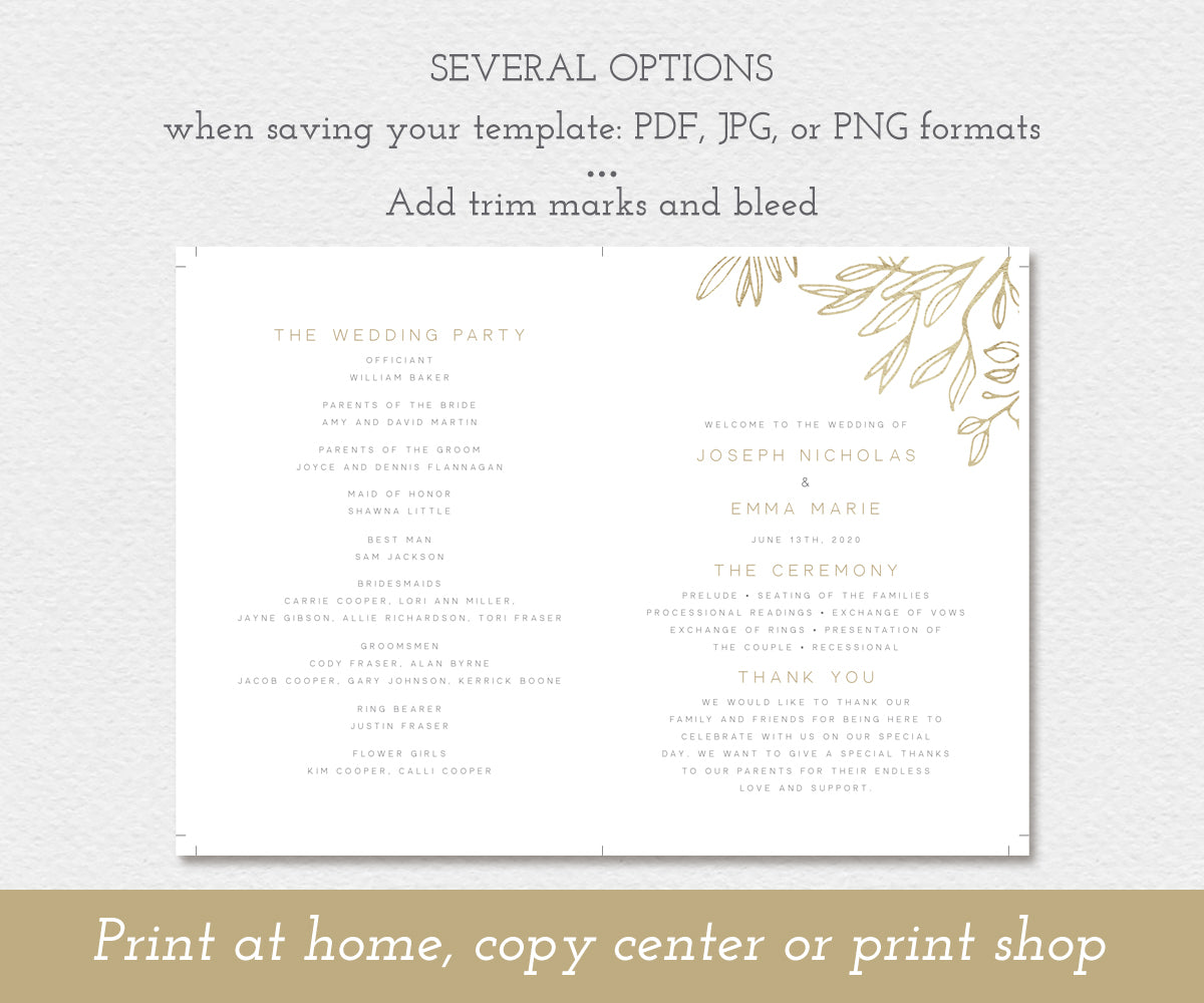 modern minimalist wedding program fan, 5 x 7, faux gold sketched leaves, editable template