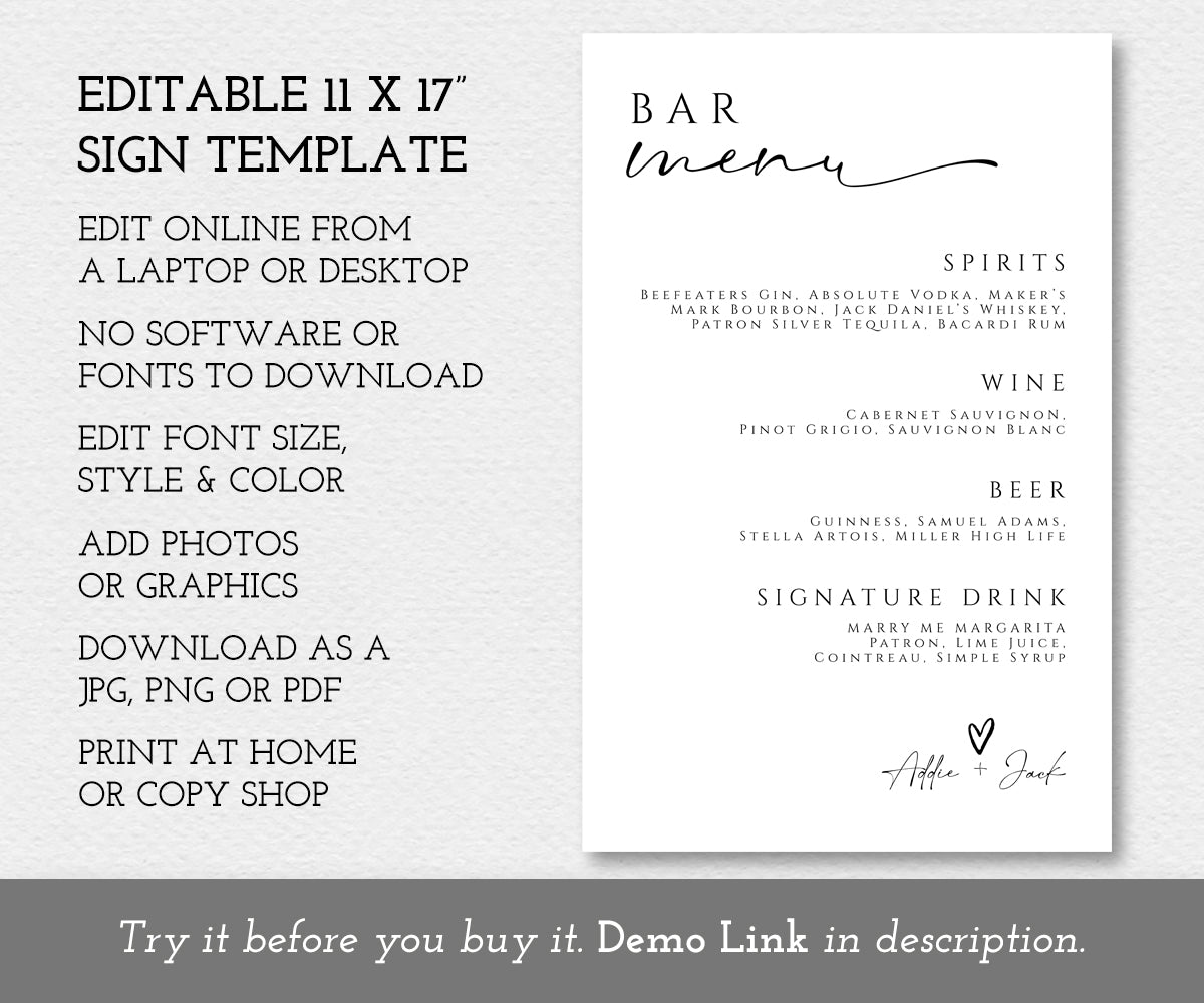 Editable Bar menu Sign template, 11 x 17