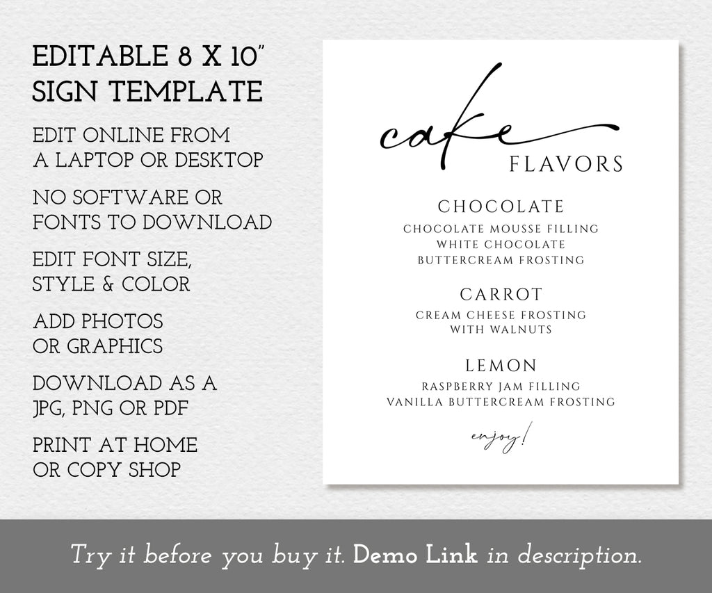8 x 10" Cake Flavors Sign, Editable Template
