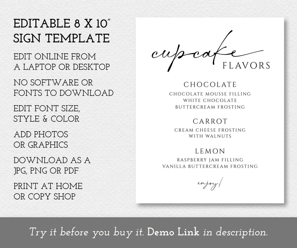 Editable 8 x 10" cupcake flavors sign template