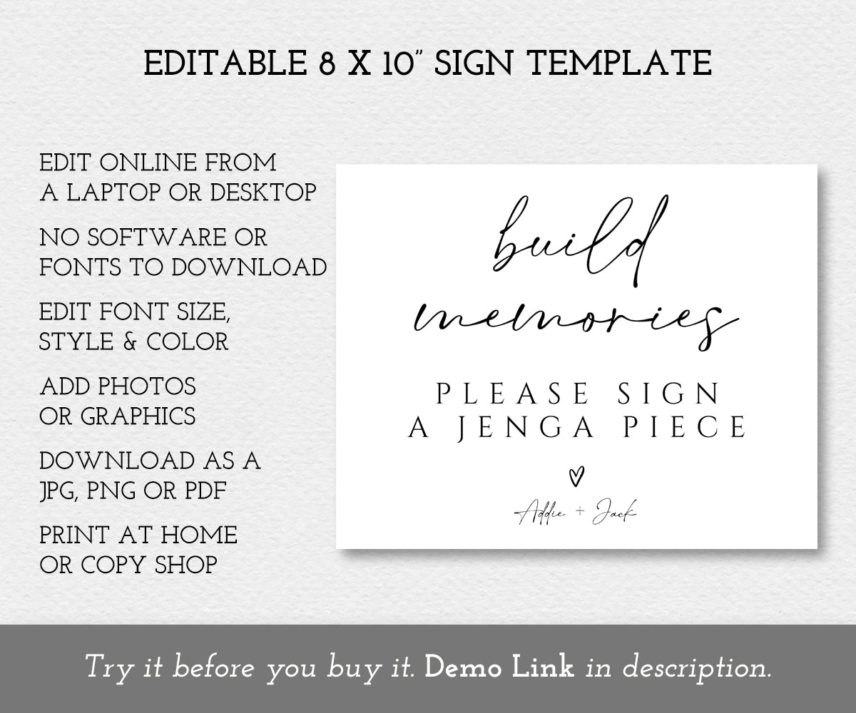 Build memories, Jenga wedding guestbook sign editable template, 8 x 10"