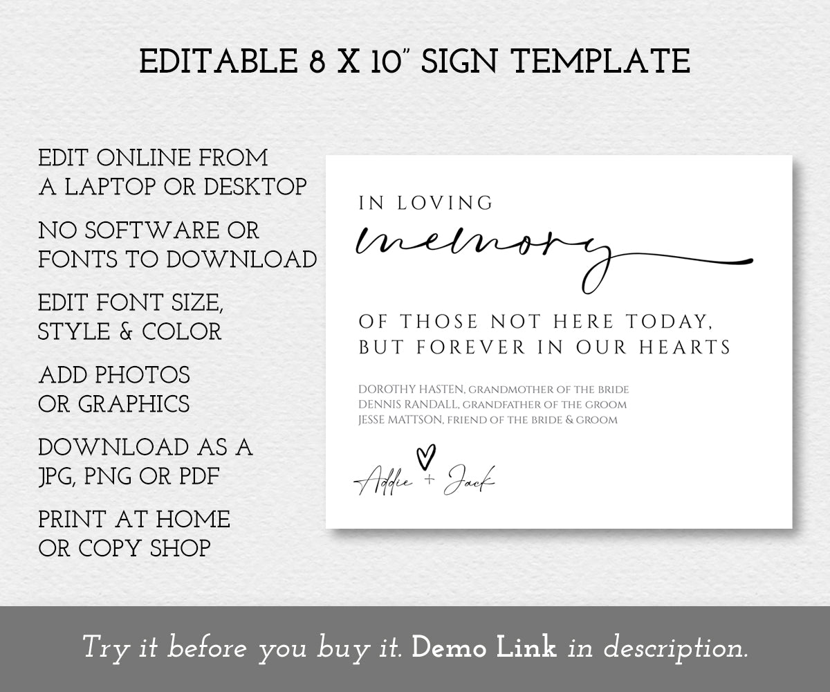 8 x 10" In Loving Memory Wedding Memorial Sign